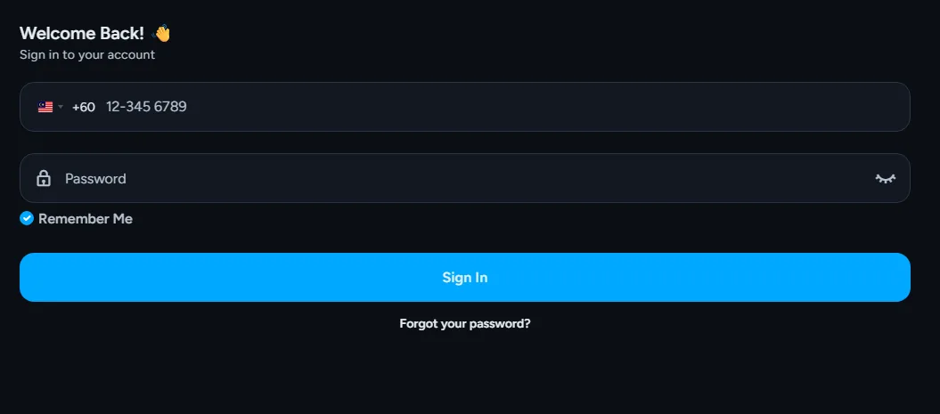 The AIPLAY sign-in screen: a mobile number field with the +60 prefix, a password field, Remember Me and the Sign In button